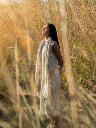 Handwoven Fawn-White stripe Merino Wool Stole