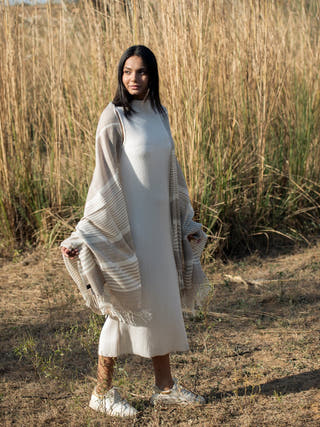 Handwoven Fawn-White stripe Merino Wool Stole