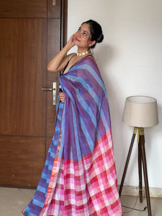 Blue Check Me Not Saree