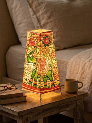 Vibrant Elephants Hand Painted Tholu Bommalata Tall Table Lamp
