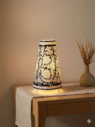 Black & White Hand Painted Tholu Bommalata Table Lamp