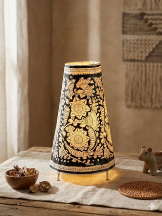 Black & White Hand Painted Tholu Bommalata Table Lamp