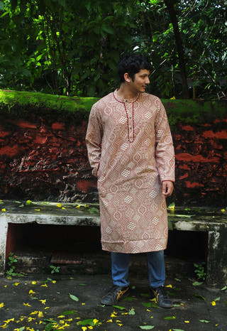 Beige Kurta with Red Ajrakh Inspired Block Print