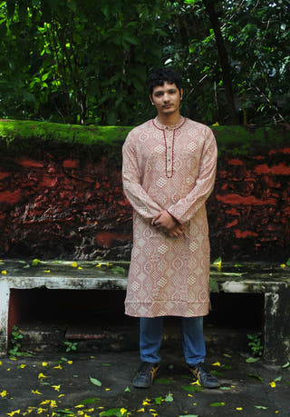 Beige Kurta with Red Ajrakh Inspired Block Print