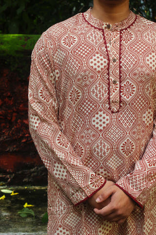 Beige Kurta with Red Ajrakh Inspired Block Print