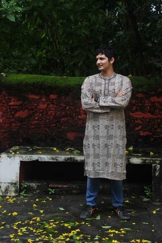 Beige Kurta with Black Ajrakh Inspired Block Print