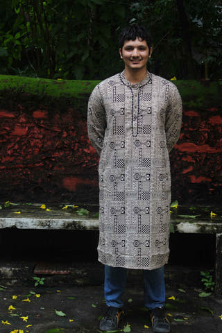 Beige Kurta with Black Ajrakh Inspired Block Print