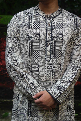 Beige Kurta with Black Ajrakh Inspired Block Print
