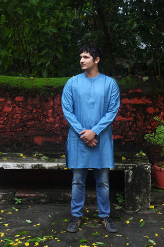 Blue Silk Kurta with Tanka Embroidery