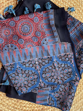 Ajrakh Silk Dupatta Indigo ForSarees