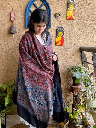 Ajrakh Silk Dupatta Indigo ForSarees