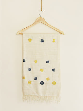 Silk Scarf With Blue And Yellow Flowers In White Arras