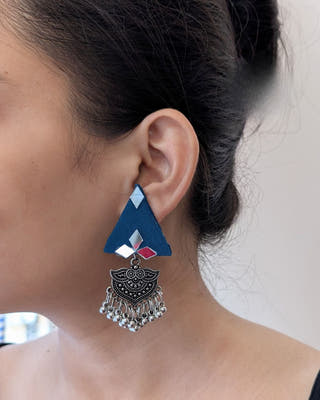 Blue Mirror Jhumka Earrings With Silver Accent