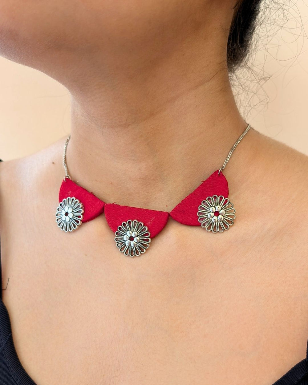 Crimson Red & Silver Fabric Choker Necklace image 2