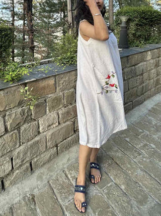 White Birds & Blossoms Linen Dress