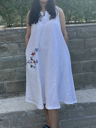 White Birds & Blossoms Linen Dress