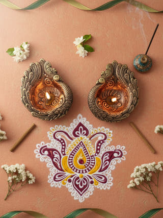 Large Peacock Diya | Set of 2