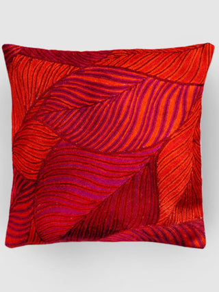 Leaves Chainstitch Embroidered  Cushion Cover Red & Yellow Zaina