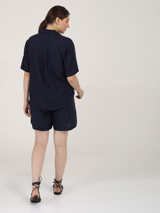 Linen Solid Cuban Collar Shirt with Shorts Co-ord Set - Linen coord set for women in Navy color