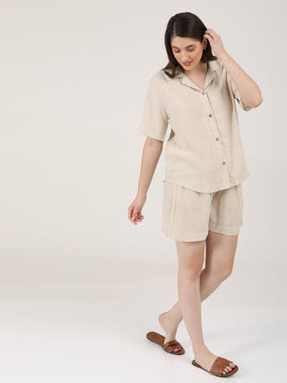 Linen Solid Cuban Collar Shirt with Shorts Co-ord Set - Linen coord set for women in Beige color