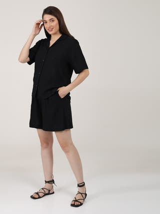 Linen Solid Cuban Collar Shirt with Shorts Co-ord Set - Linen coord set for women in Black color