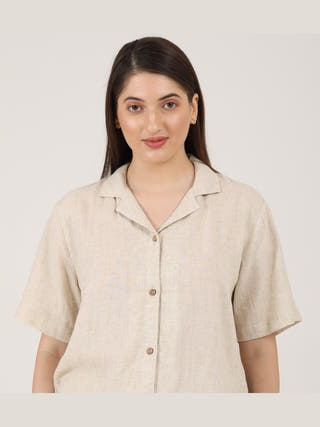 Linen Solid Cuban Collar Shirt with Shorts Co-ord Set - Linen coord set for women in Beige color