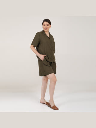 Linen Solid Cuban Collar Shirt with Shorts Co-ord Set - Linen coord set for women in Olive color