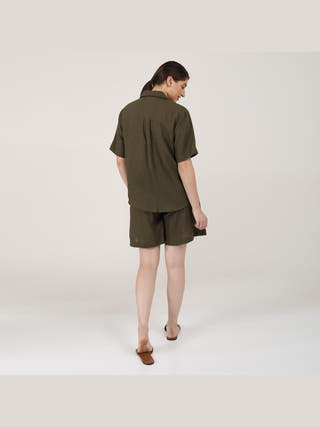 Linen Solid Cuban Collar Shirt with Shorts Co-ord Set - Linen coord set for women in Olive color