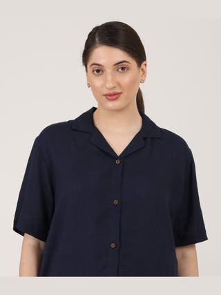 Linen Solid Cuban Collar Shirt with Shorts Co-ord Set - Linen coord set for women in Navy color