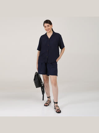 Linen Solid Cuban Collar Shirt with Shorts Co-ord Set - Linen coord set for women in Navy color