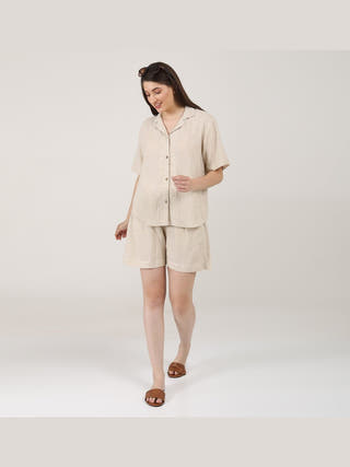 Linen Solid Cuban Collar Shirt with Shorts Co-ord Set - Linen coord set for women in Beige color