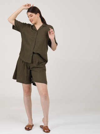 Linen Solid Cuban Collar Shirt with Shorts Co-ord Set - Linen coord set for women in Olive color