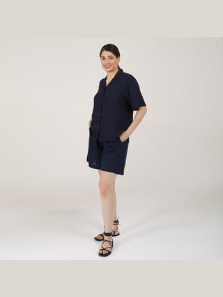 Linen Solid Cuban Collar Shirt with Shorts Co-ord Set - Linen coord set for women in Navy color