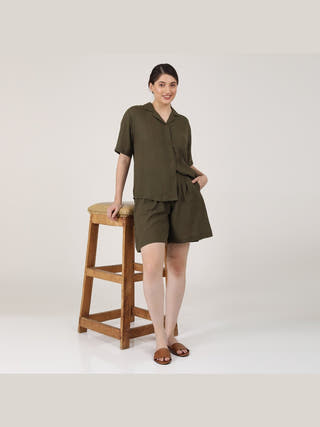 Linen Solid Cuban Collar Shirt with Shorts Co-ord Set - Linen coord set for women in Olive color