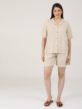 Linen Solid Cuban Collar Shirt with Shorts Co-ord Set - Linen coord set for women in Beige color