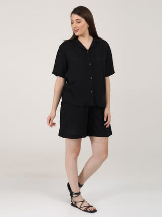 Linen Solid Cuban Collar Shirt with Shorts Co-ord Set - Linen coord set for women in Black color