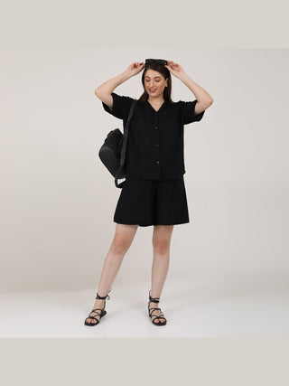 Linen Solid Cuban Collar Shirt with Shorts Co-ord Set - Linen coord set for women in Black color