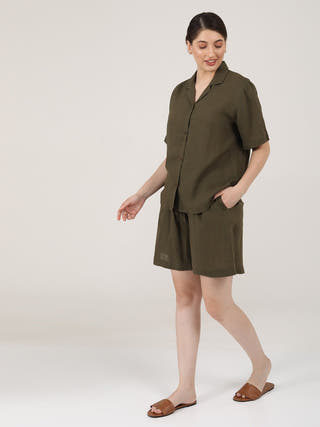 Linen Solid Cuban Collar Shirt with Shorts Co-ord Set - Linen coord set for women in Olive color