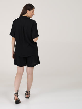 Linen Solid Cuban Collar Shirt with Shorts Co-ord Set - Linen coord set for women in Black color