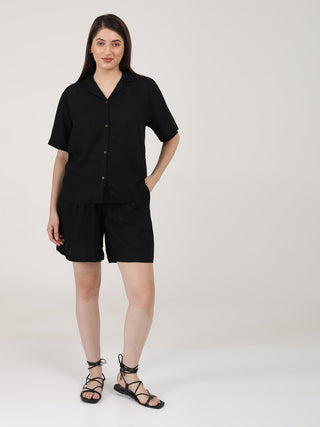 Linen Solid Cuban Collar Shirt with Shorts Co-ord Set - Linen coord set for women in Black color