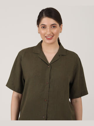 Linen Solid Cuban Collar Shirt with Shorts Co-ord Set - Linen coord set for women in Olive color