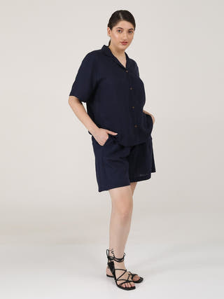 Linen Solid Cuban Collar Shirt with Shorts Co-ord Set - Linen coord set for women in Navy color