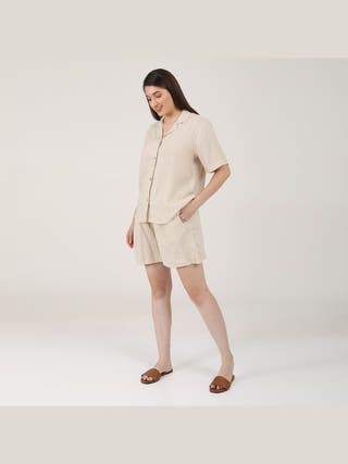 Linen Solid Cuban Collar Shirt with Shorts Co-ord Set - Linen coord set for women in Beige color