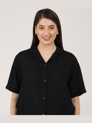 Linen Solid Cuban Collar Shirt with Shorts Co-ord Set - Linen coord set for women in Black color