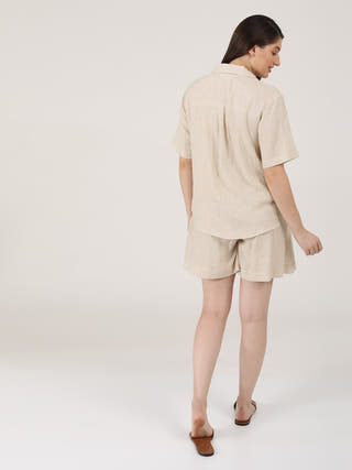 Linen Solid Cuban Collar Shirt with Shorts Co-ord Set - Linen coord set for women in Beige color