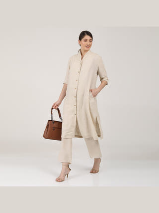 Linen Solid Long Shirt with Wide Leg Pant Co-ord Set - Linen coord set for women in Beige color