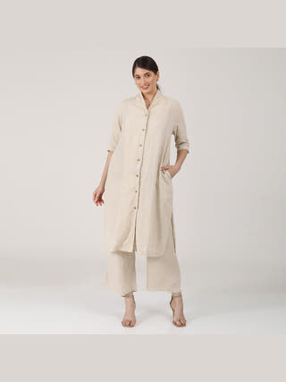 Linen Solid Long Shirt with Wide Leg Pant Co-ord Set - Linen coord set for women in Beige color