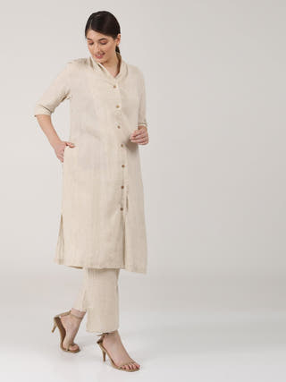 Linen Solid Long Shirt with Wide Leg Pant Co-ord Set - Linen coord set for women in Beige color