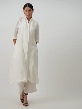 Linen Solid Long Shirt with Wide Leg Pant Co-ord Set - Linen coord set for women in Cream color