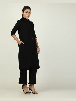 Linen Solid Long Shirt with Wide Leg Pant Co-ord Set - Linen coord set for women in Black color